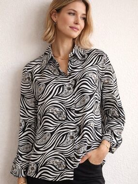 Vintage 100%‎ Silk Zebra Paisley Button Up Blouse | Black White Statement Top L